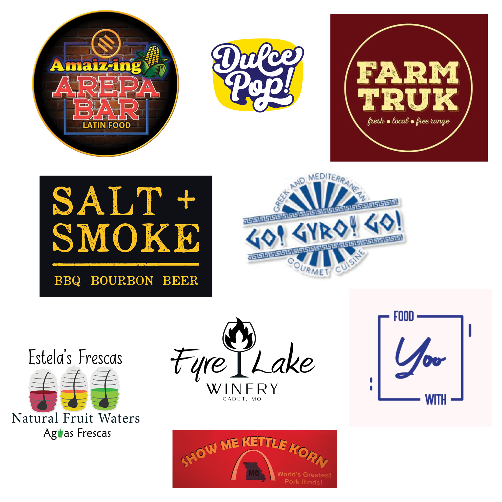 Composite photo of Art in the Park 2026 food vendors: Dulce Pops STL LLC Show Me Kettle Corn Amaizing Arepa Bar Farmtruk Estela's Frescas Salt & Smoke Food with Yoo Fyre Lake Winery Go Gyro Go